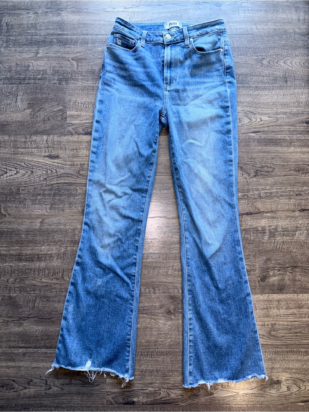 PAIGE Medium Wash Raw Hem High-Rise Laurel Canyon Flare Jeans Monsoon Hem Sz 28